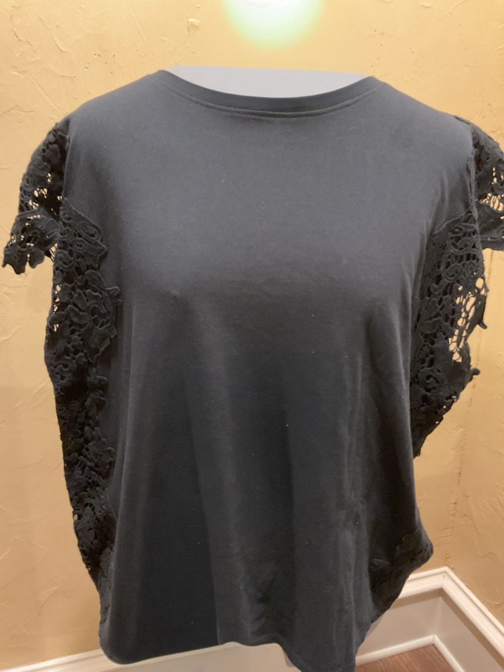 Express Black Short Sleeve Top with Lace Trim
